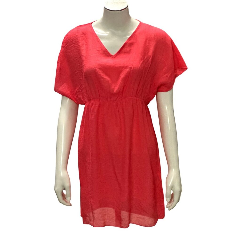 CCC Rose Red Sheer V Neck Mini Dress With Short Sleeves Cover Up Lightweight MED